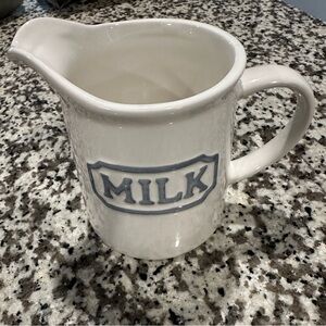 THL Farmhouse White Creamer Milk Jug with Grey Lettering 4” Tall